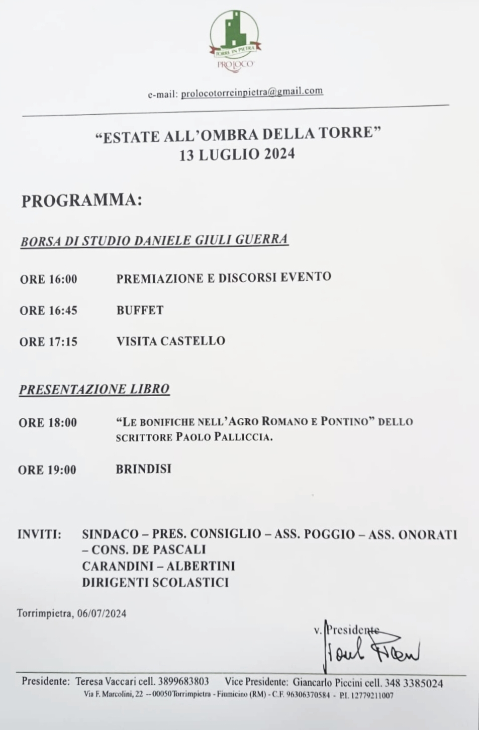 “Estate all’ombra della torre” 13-07-2024 Consegna borsa di studio intitolata a DANIELE GIULI GUERRA per 2 alunni IC TORRIMPIETRA